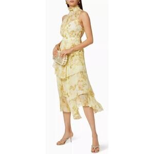 Shona Joy Light Yellow Floral Leticia Tiered Dress Mock Neck Midi Length US 4